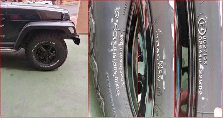 Llanta y neumático eje delantero del Jeep Wrangler